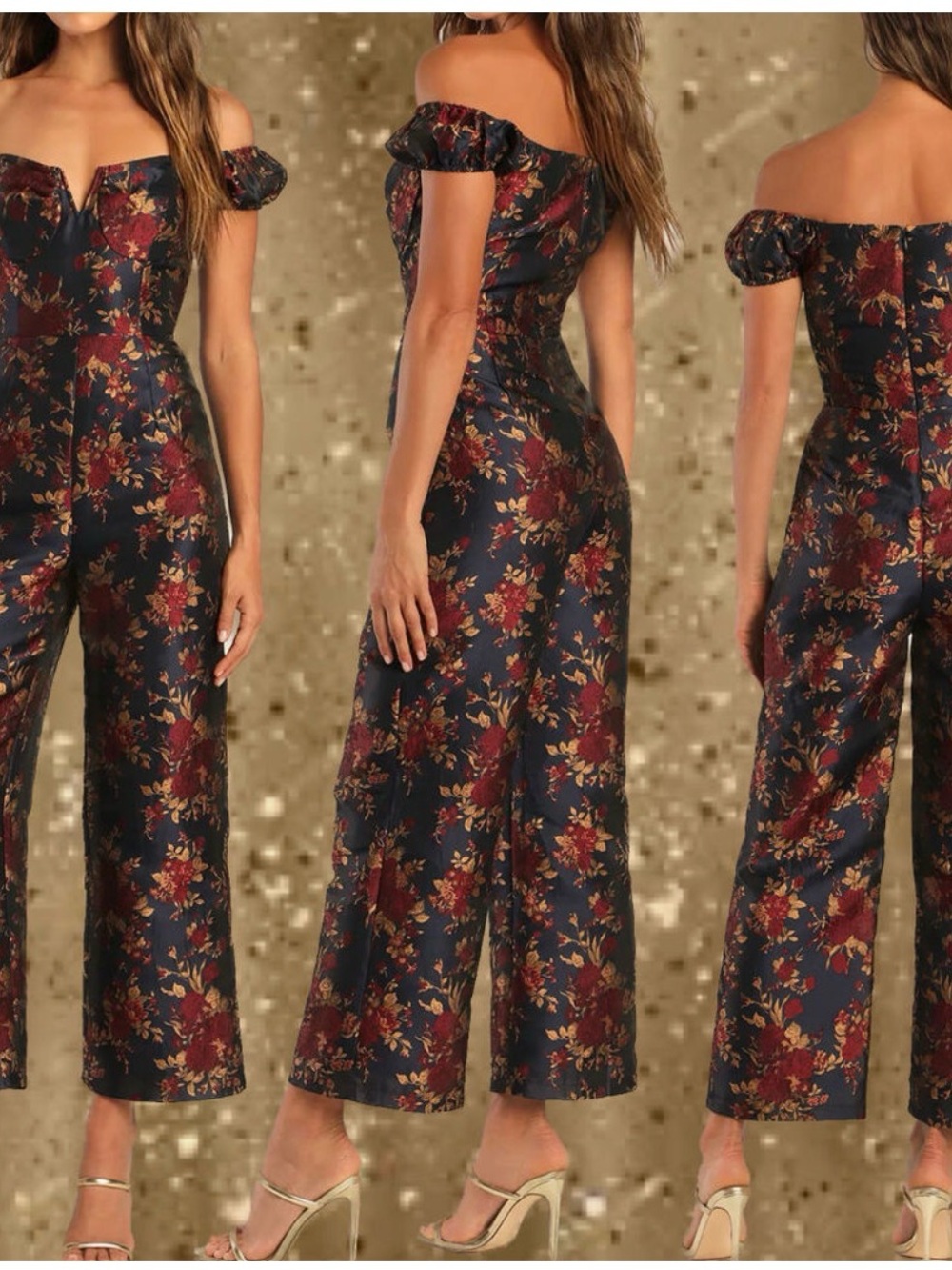Lulu's Navy Off-Shoulder Floral Jumpsuit with Burgundy Blooms